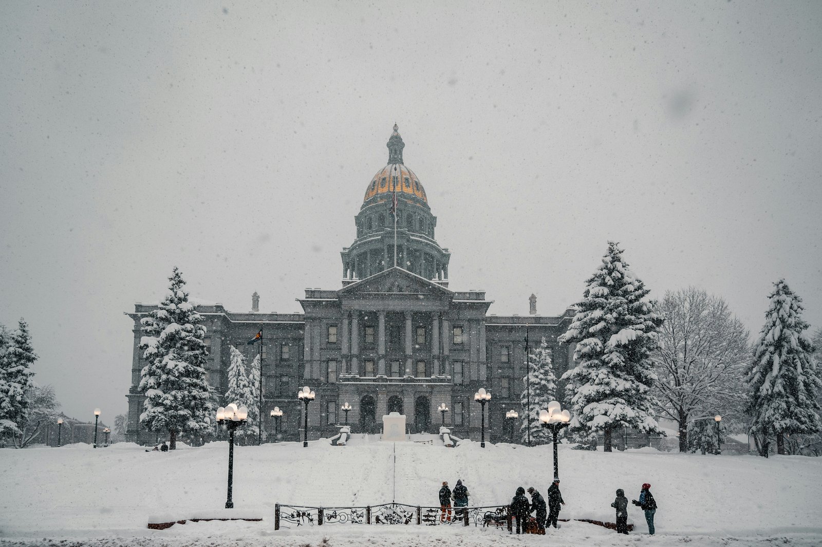 The Colorado State Capitol in Denver during a snowfall