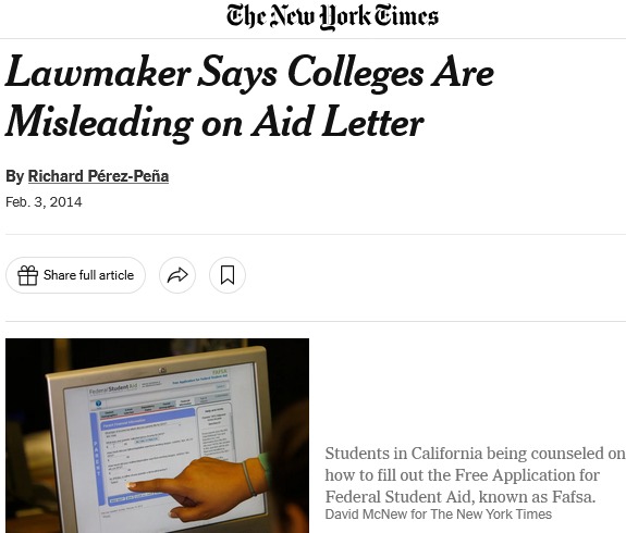 New York Times article: “Lawmaker Says Colleges Are Misleading on Aid Letter”